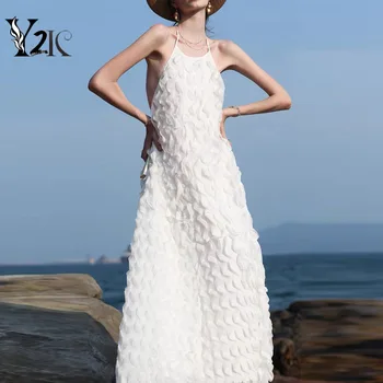 Y2K одежда лето трафик спинки белые макси платья для женщин отпуск взлетнопосадочная полоса с рюшами сексуальное пляжное платье без рукавов женское vestidos