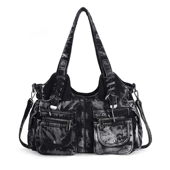 Женская джинсовая сумка-тоут Y2K, винтажные сумки с роскошным карманным дизайном, новые модные черные джинсовые сумки через плечо большой емкости