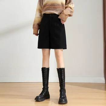 женские шерстяные шорты осень зима негабаритных, высокая талия, прямой крой сгустить повседневные брюки средней брюки шерстяные широкие брюки 
