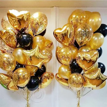 Золотые воздушные шары Конфетти, смешанные 18-дюймовые воздушные шары из фольги в виде звезды и сердца, день рождения, Черный Золотой Латексный шар, Воздушный шар, Свадебное украшение
