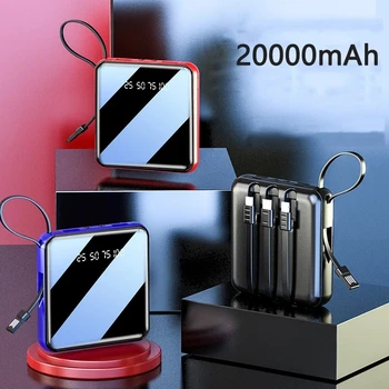 Мини-банк питания 20000 мАч с кабелем, портативный внешний аккумулятор для iPhone 14 Samsung Huawei Xiaomi, повербанк со светодиодной подсветкой