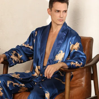 Повседневное платье-кимоно, свободная домашняя одежда, мужской атласный халат с принтом синего дракона, комплект из 2 предметов, пижамы, ночная рубашка и халат