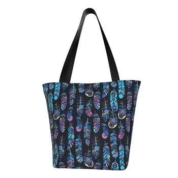 Сумка для покупок из голубого пера, сумки с животным принтом, женская сумка с графическим дизайном, симпатичная тканевая уличная сумка через плечо.
