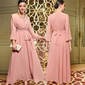 Элегантное женское Дубайское Розовое платье Для мусульманской Исламской вечеринки, Кафтан Абайя, Шифоновое Длинное платье-халат, расшитое бисером, S-2XL