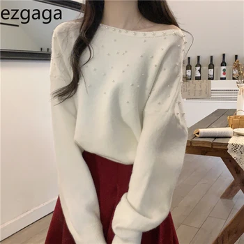 Элегантный свитер Ezgaga, женский модный жемчужный Свободный пуловер с вырезом лодочкой и открытыми плечами, Винтажные Пикантные женские вязаные топы, джемпер